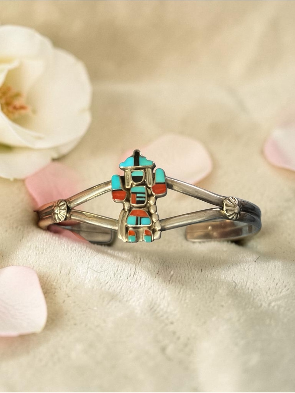 Vintage circa 1980's Native American handmade sterling silver yei cuff bracelet,